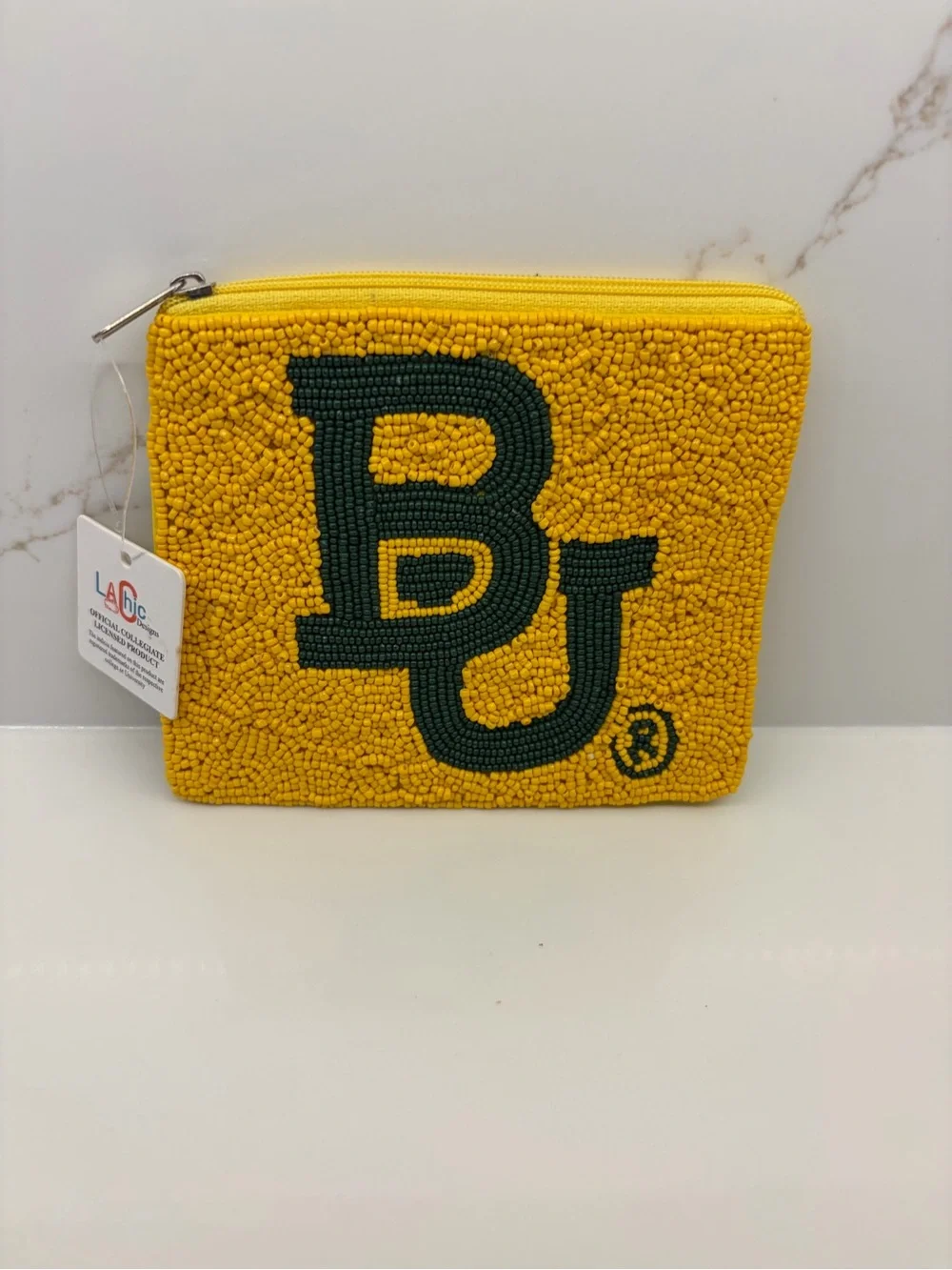 Beaded Yellow BU Logo Zip Pouch